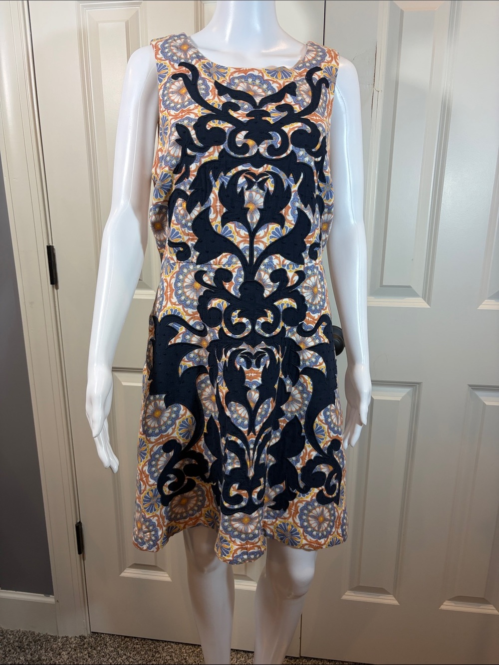 Anthropologie Navy and Orange Floral Appliqué Mini Dress
